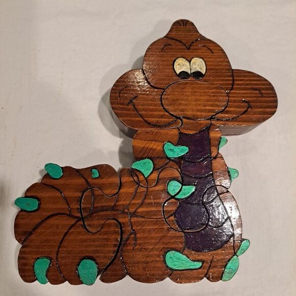 Handmade Vintage Wooden Caterpillar Children's Block Puzzle Dark Brown and Green - Picture 1 of 13